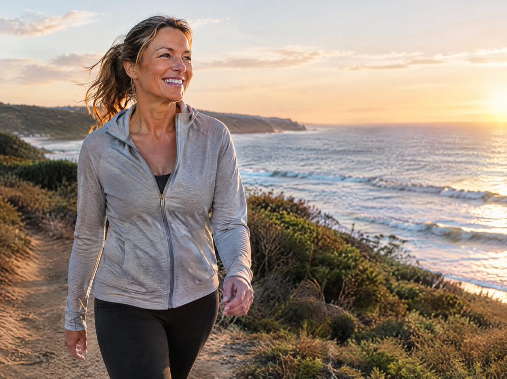 A woman on an early-morning coastal walk