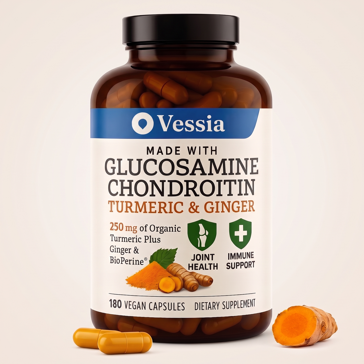 Vessia Glucosamine + Chondroïtine met Kurkuma & Gember, 180 veganistische capsules
