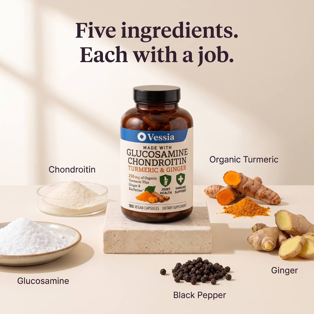 Vijf ingrediënten: glucosamine, chondroïtine, biologische kurkuma, gember, zwarte peper
