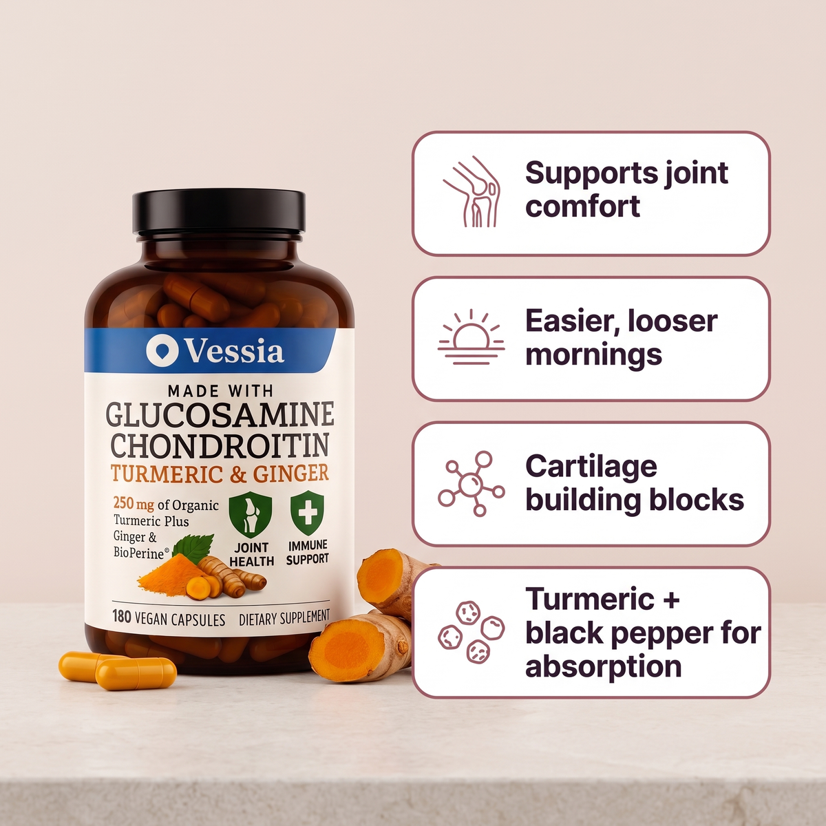 Kenmerken: glucosamine en chondroïtine, biologische kurkuma met zwarte peper