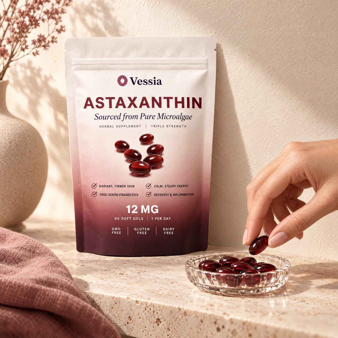 Een zak Vessia Astaxanthine met een schaaltje softgels