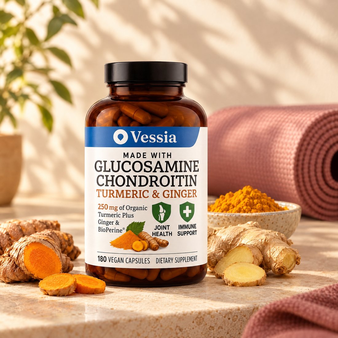Vessia Glucosamine + Chondroïtine naast verse kurkuma en gember