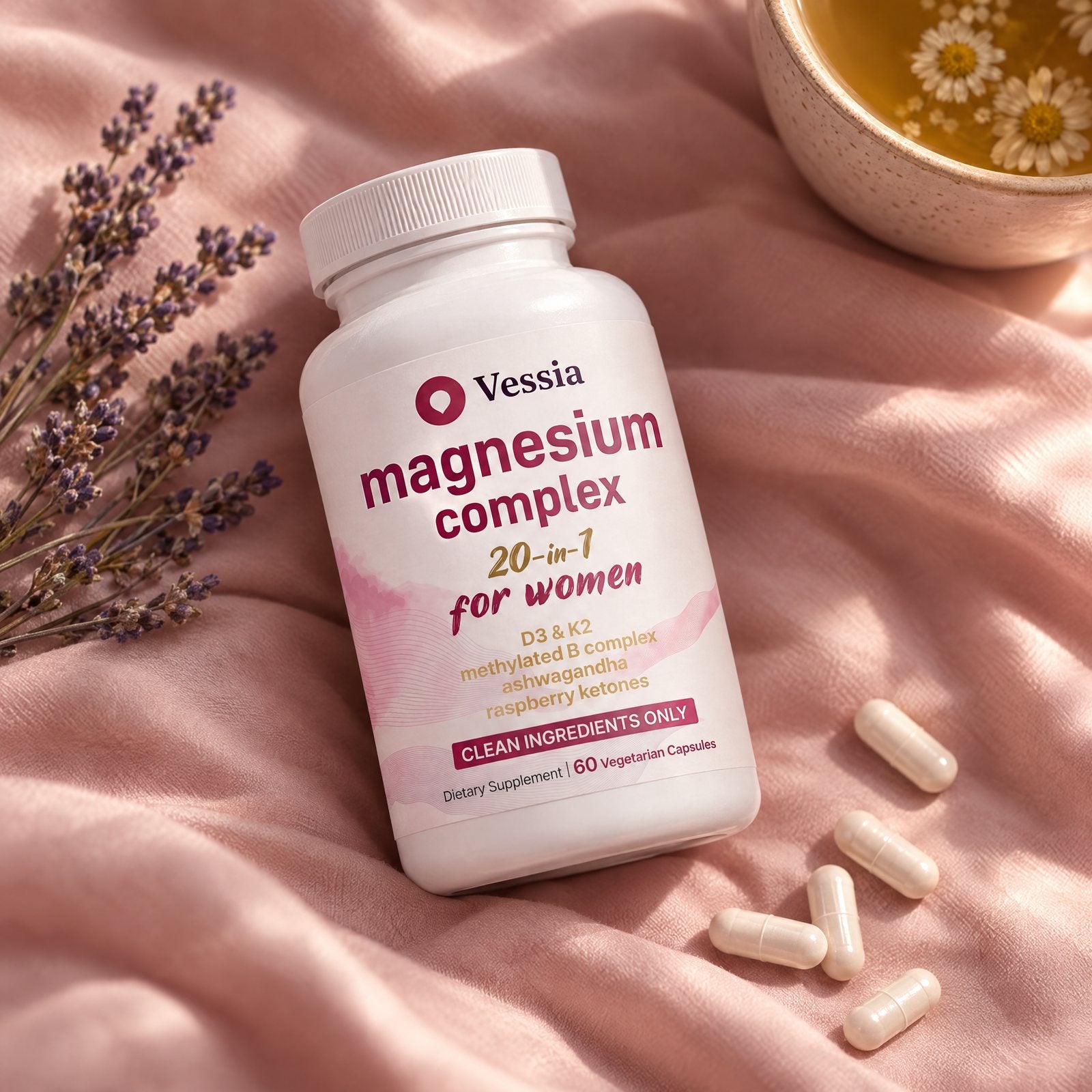 Vessia Magnesium Complex op zachtroze beddengoed