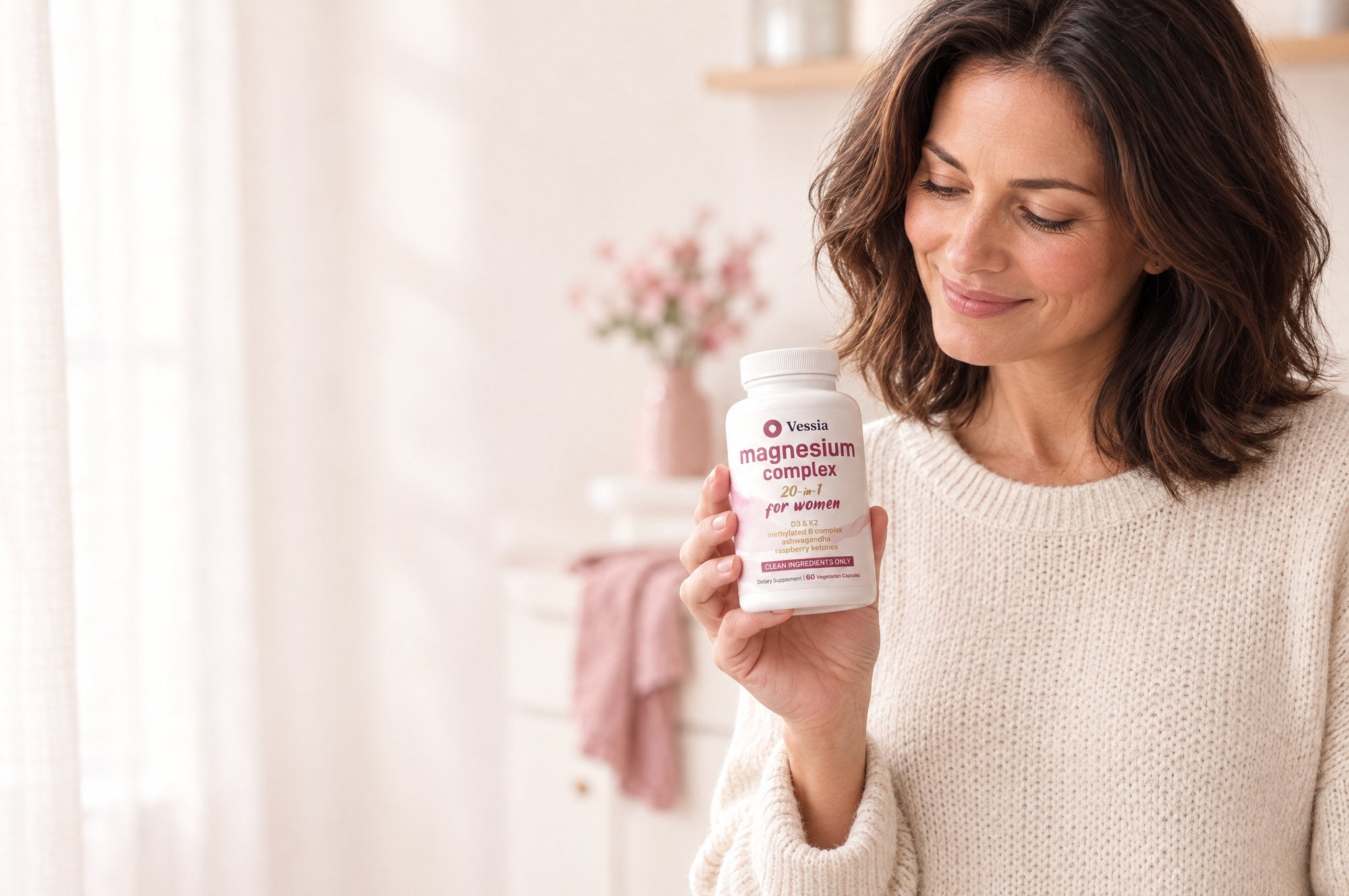 Een vrouw in een lichte keuken met een pot Vessia Magnesium Complex in haar hand